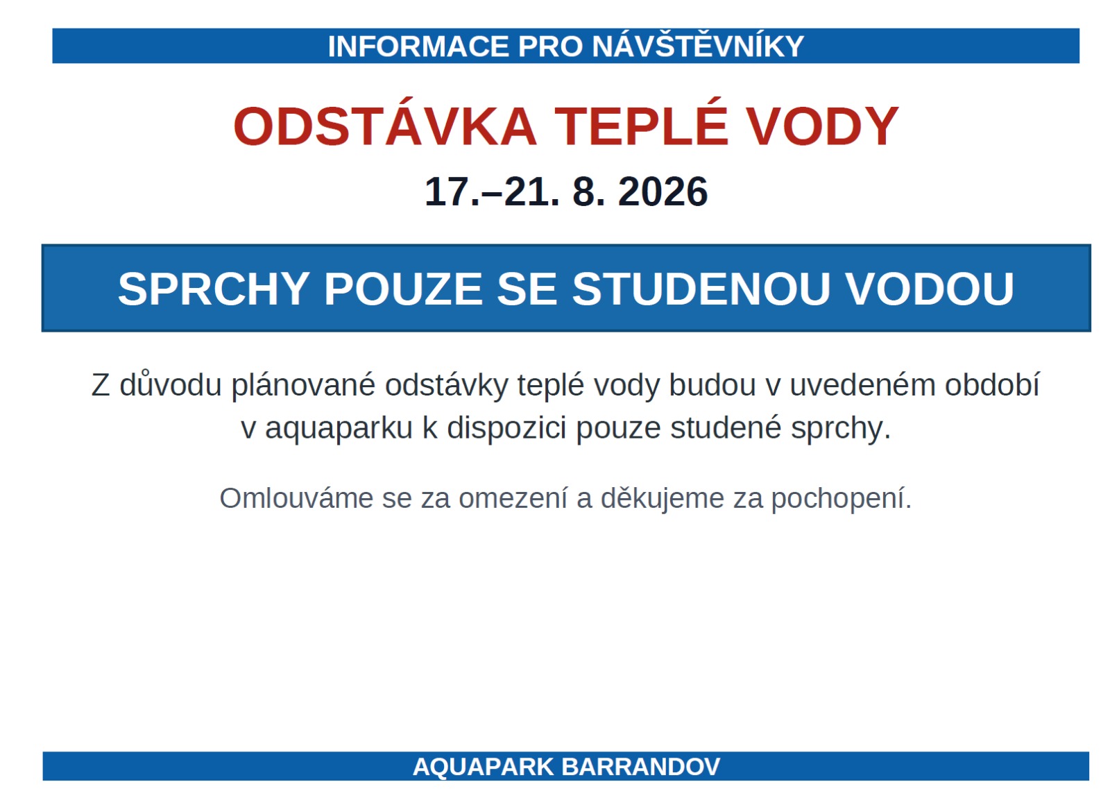 Odstávka teplé vody 17.–21. 8. 2026 - sprchy pouze se studenou vodou