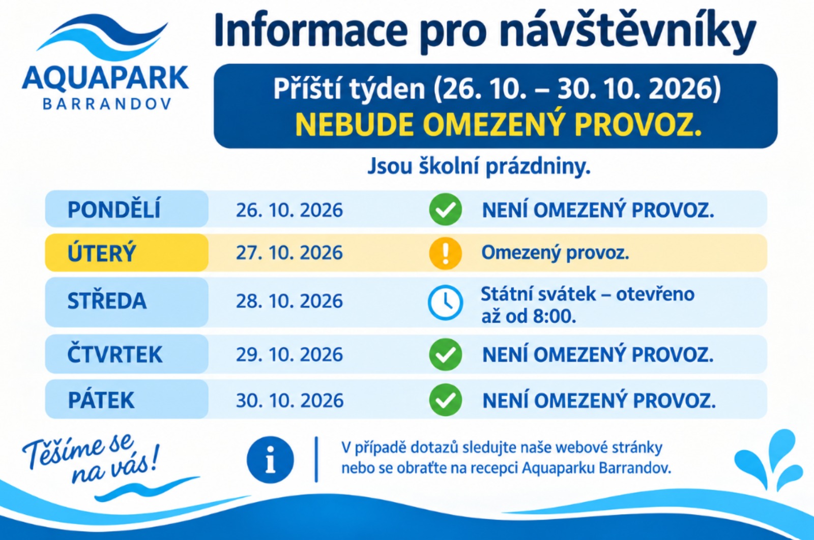 Provoz o podzimních prázdninách 26.–30. října